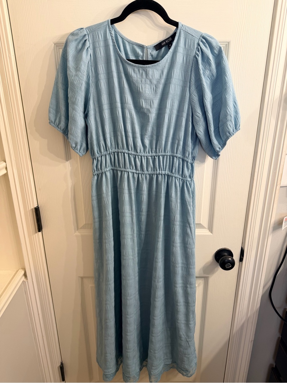 Light Blue Textured Puff Sleeve Midi Dress